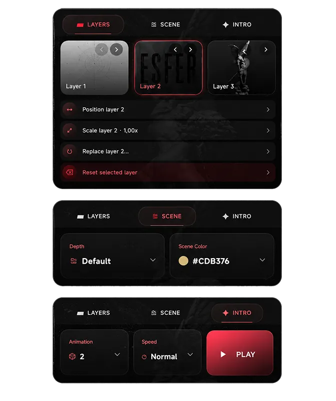 ESEER mobile creator controls for depth, motion, and scene adjustment