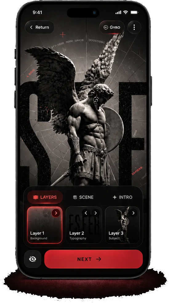 ESEER mobile creator mockup showing depth controls on Android