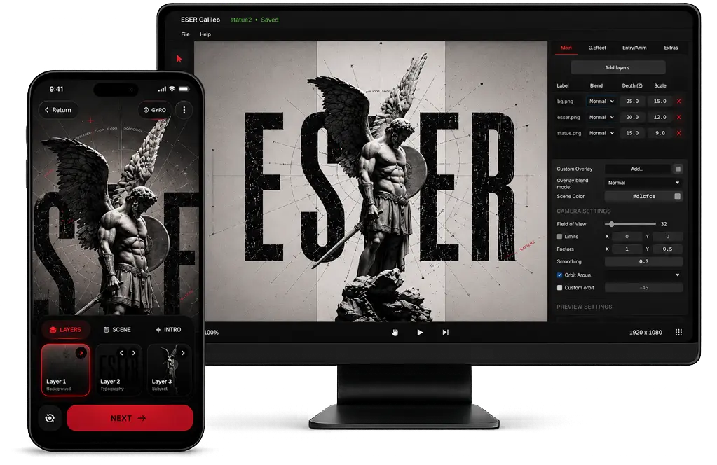 ESEER Android and desktop creator mockups showing layered 3D wallpaper editing