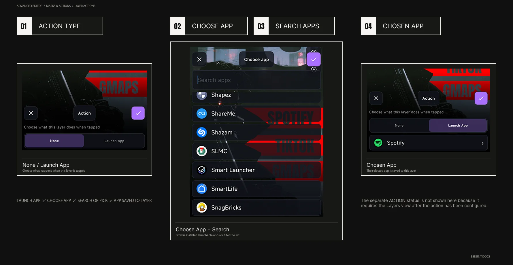 Advanced Layer Action workflow showing None and Launch App, app selection and search, selected app identity and ACTION status on the target layer.