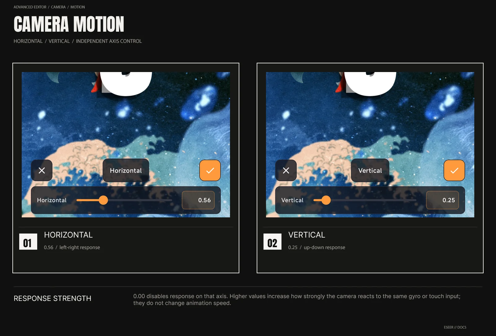 ESEER Advanced Camera Horizontal and Vertical motion controls shown side by side.