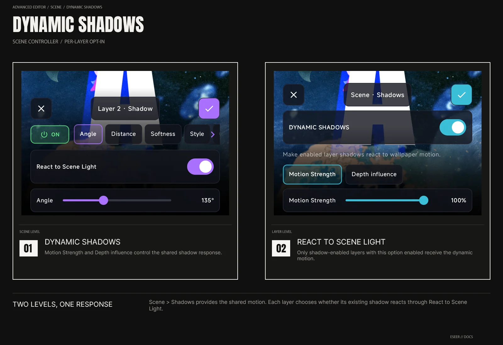 ESEER Scene Shadows controls shown beside a layer Shadow panel with React to Scene Light enabled.