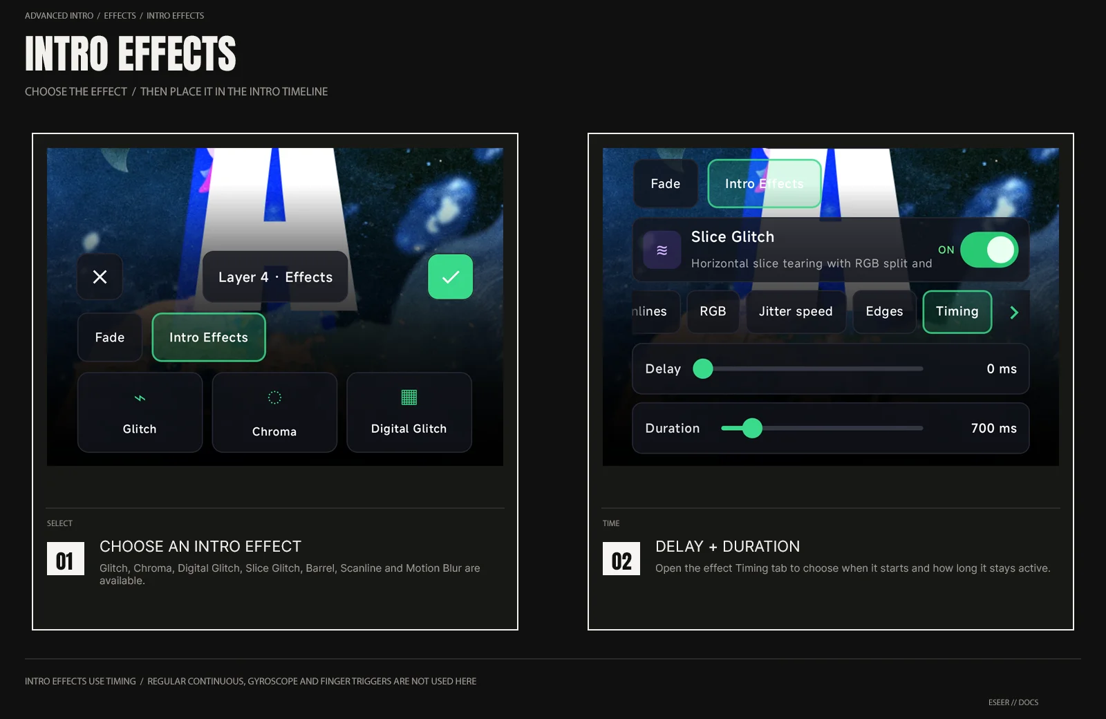 ESEER Intro Effects showing the available effect cards, an opened effect with its Timing controls, and the option to reuse existing Layer FX settings.