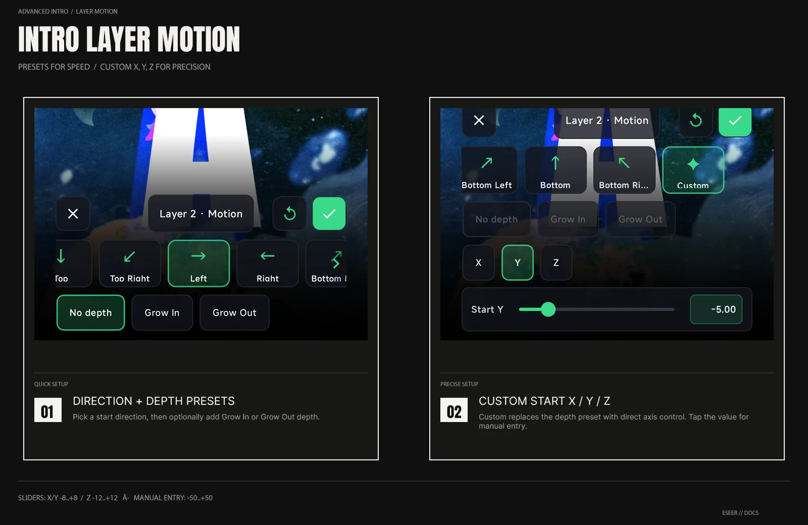 ESEER Intro Layer Motion controls comparing direction and depth presets with the Custom X Y Z start-position controls.