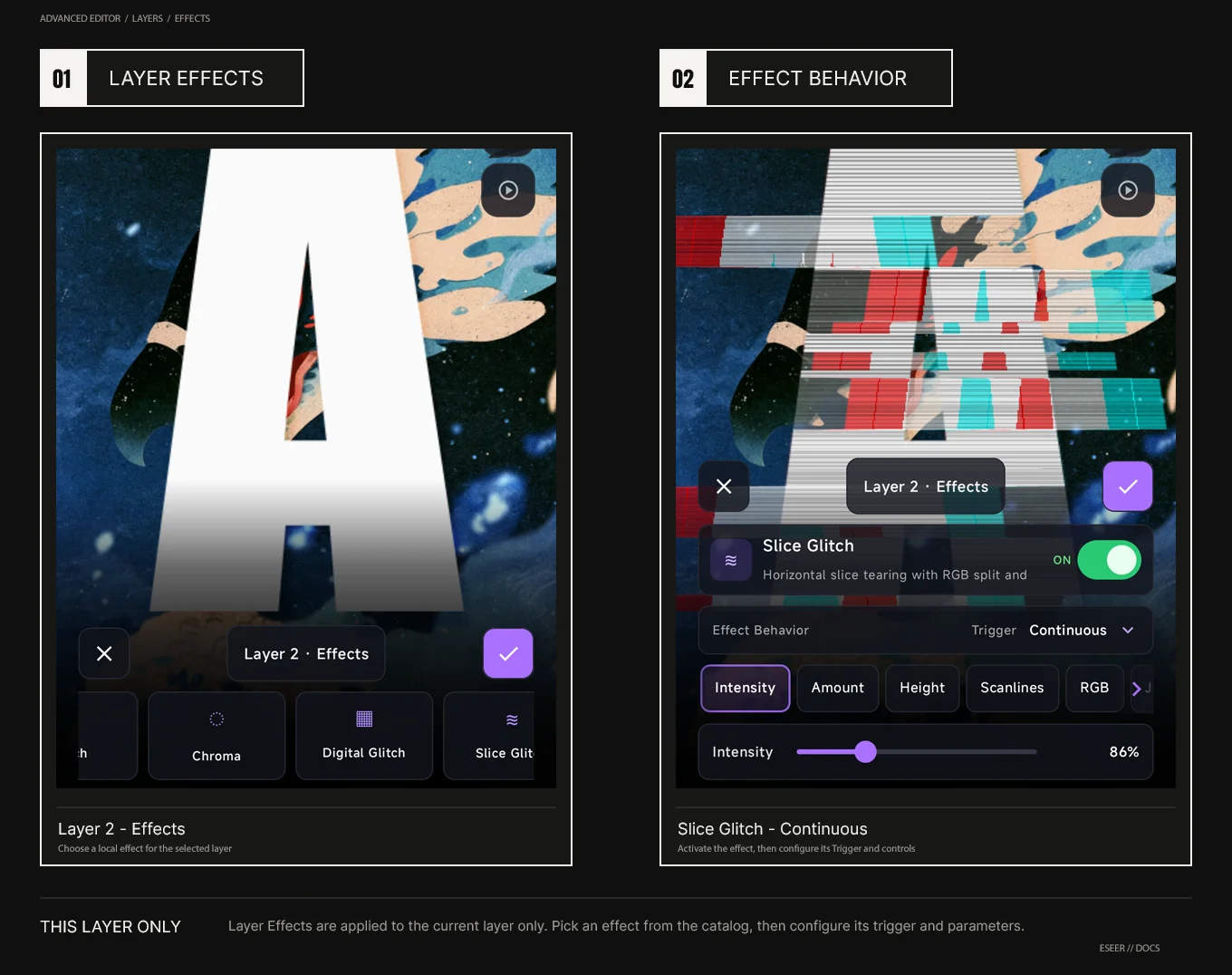 Advanced Layers workflow showing the selected layer, the Effects card and the Layer Effects catalog with the active-effect count.