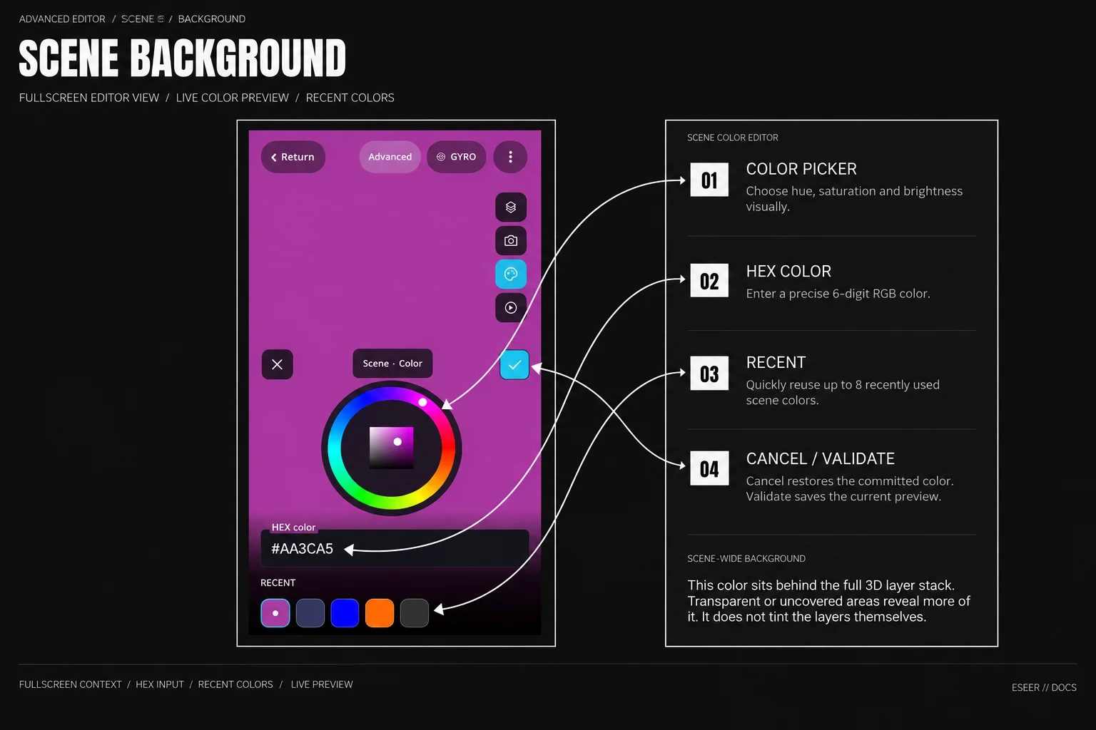 ESEER Advanced Scene Color editor with the color picker, HEX color field, recent colors and validation controls.