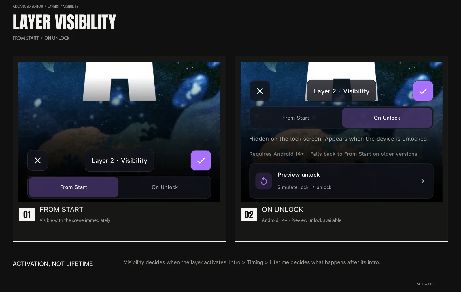 Advanced Layer Visibility shown in From Start and On Unlock modes, including the Android 14 compatibility message and Preview unlock action.
