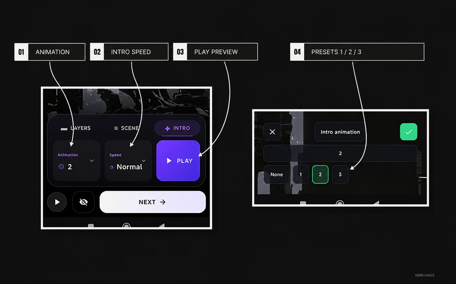 Simple Intro tab showing Animation, Intro speed and Play Preview, plus the Animation 1, 2 and 3 preset selector.