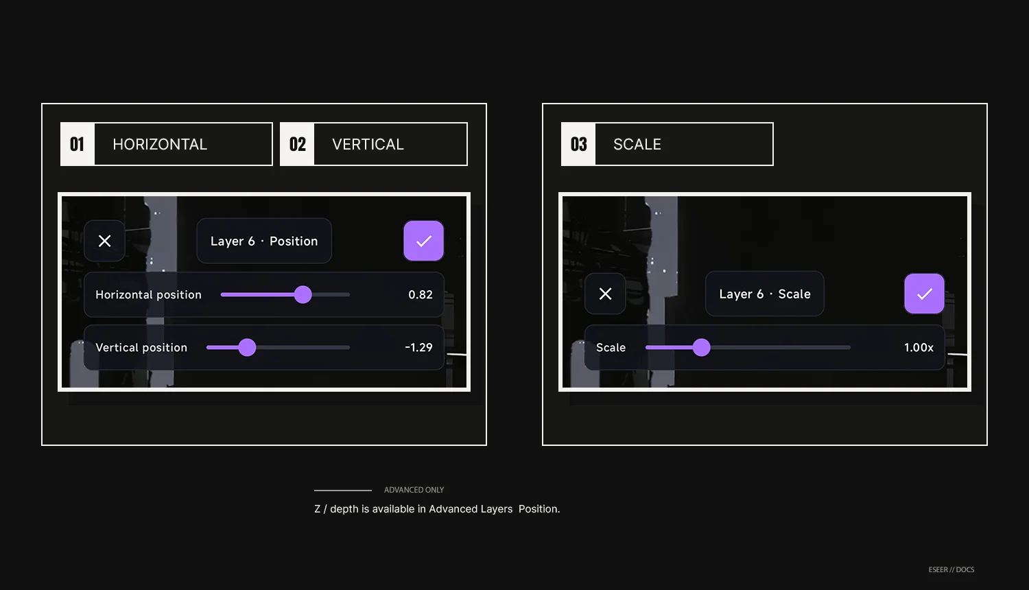 Simple layer Position and Scale controls showing Horizontal, Vertical and Scale, with a note that Z is available only in Advanced.