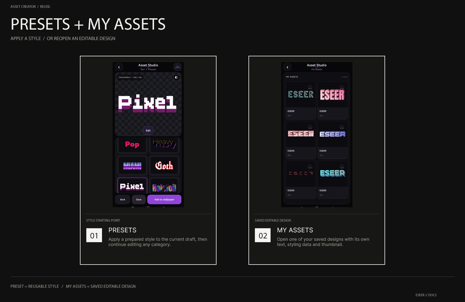 ESEER Asset Studio Presets browser beside My Assets with saved editable text designs.