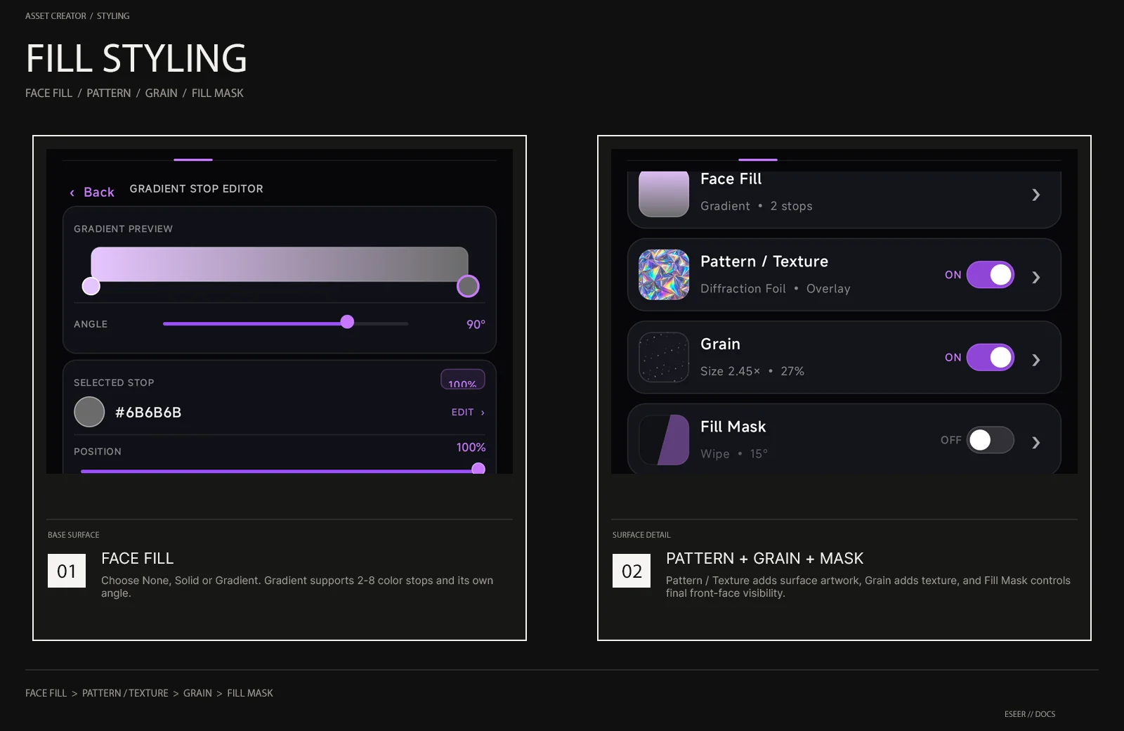 ESEER Asset Studio Fill controls showing Face Fill, Pattern or Texture, Grain and Fill Mask.