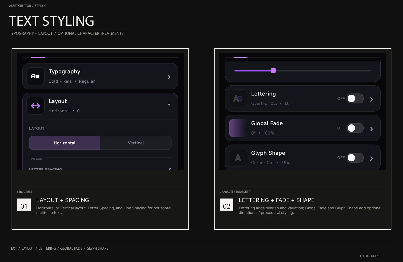 ESEER Asset Studio Text styling controls showing Layout, Lettering, Global Fade and Glyph Shape.