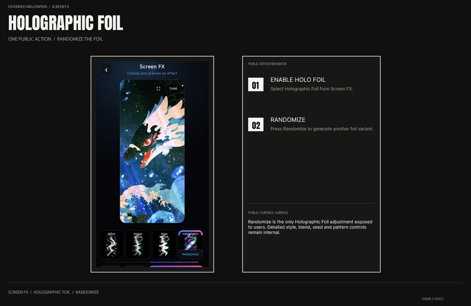 ESEER Screen FX browser with Holographic Foil enabled and its Randomize action visible.
