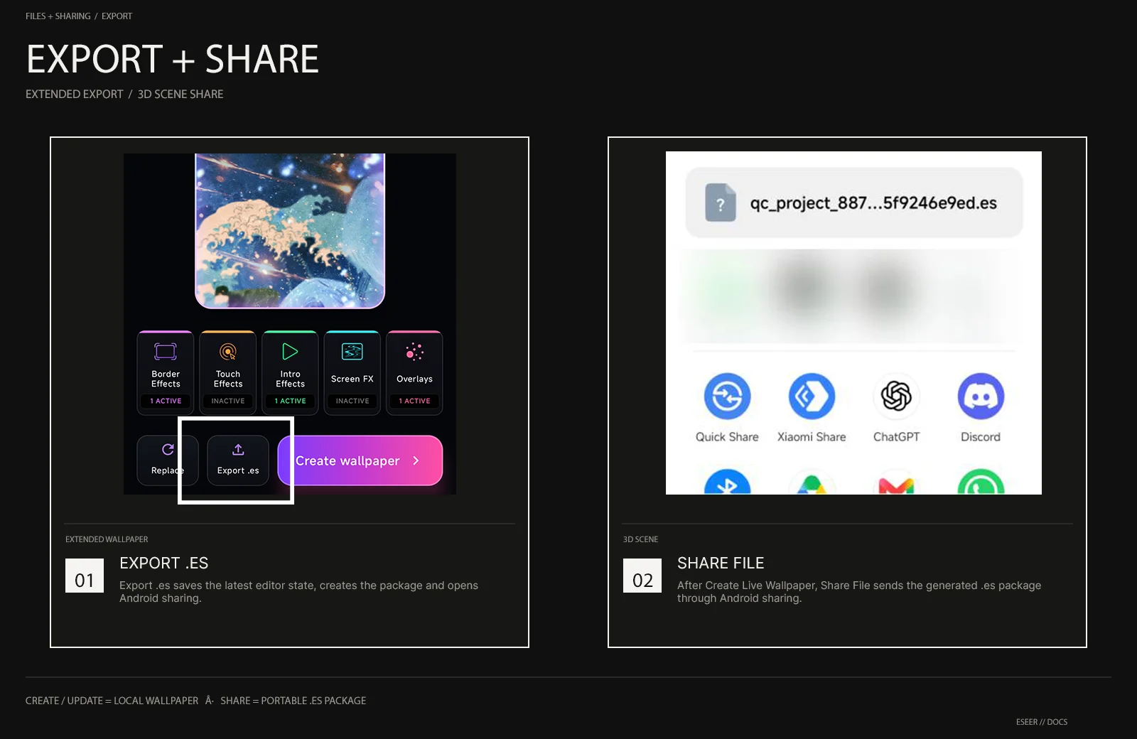 ESEER Extended Wallpaper Export .es action beside the 3D Scene Share File action after wallpaper creation.
