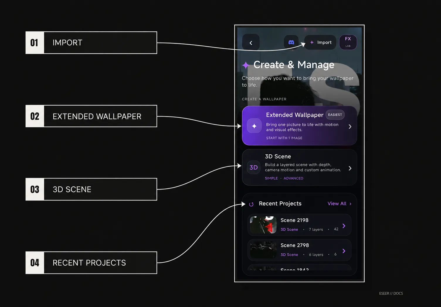 Annotated Create & Manage screen showing Import, Extended Wallpaper, Start with 1 image, 3D Scene, Simple and Advanced, and Recent Projects.