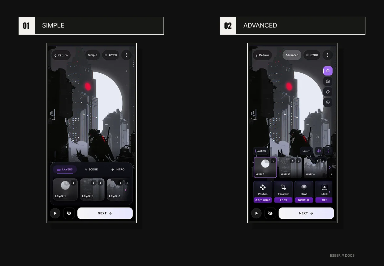 Fresh 3D Scene showing the composed preview, all six starter layer cards, and that Simple and Advanced use the same scene data.